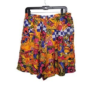 Kriss Kross Silk Shorts Womens Medium Multicolor Vintage Novelty Beach Print 90s